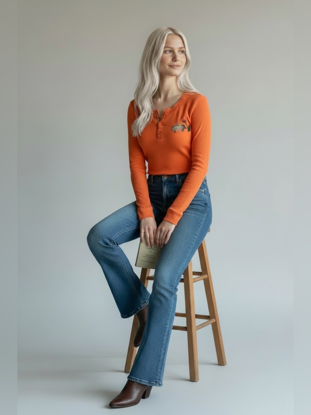 Free People Orange Ribbed Henley with Floral Embroidery